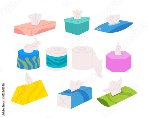 Set of Tissue and Paper Towel Container Collection, antiseptic wet dry napkin for cleaning and hygiene toilets, Toilet rolls, papers towel box, self hygiene elements bathroom decoration Illustration.