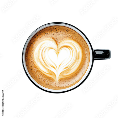 A coffee with heart shape latte art from top angle