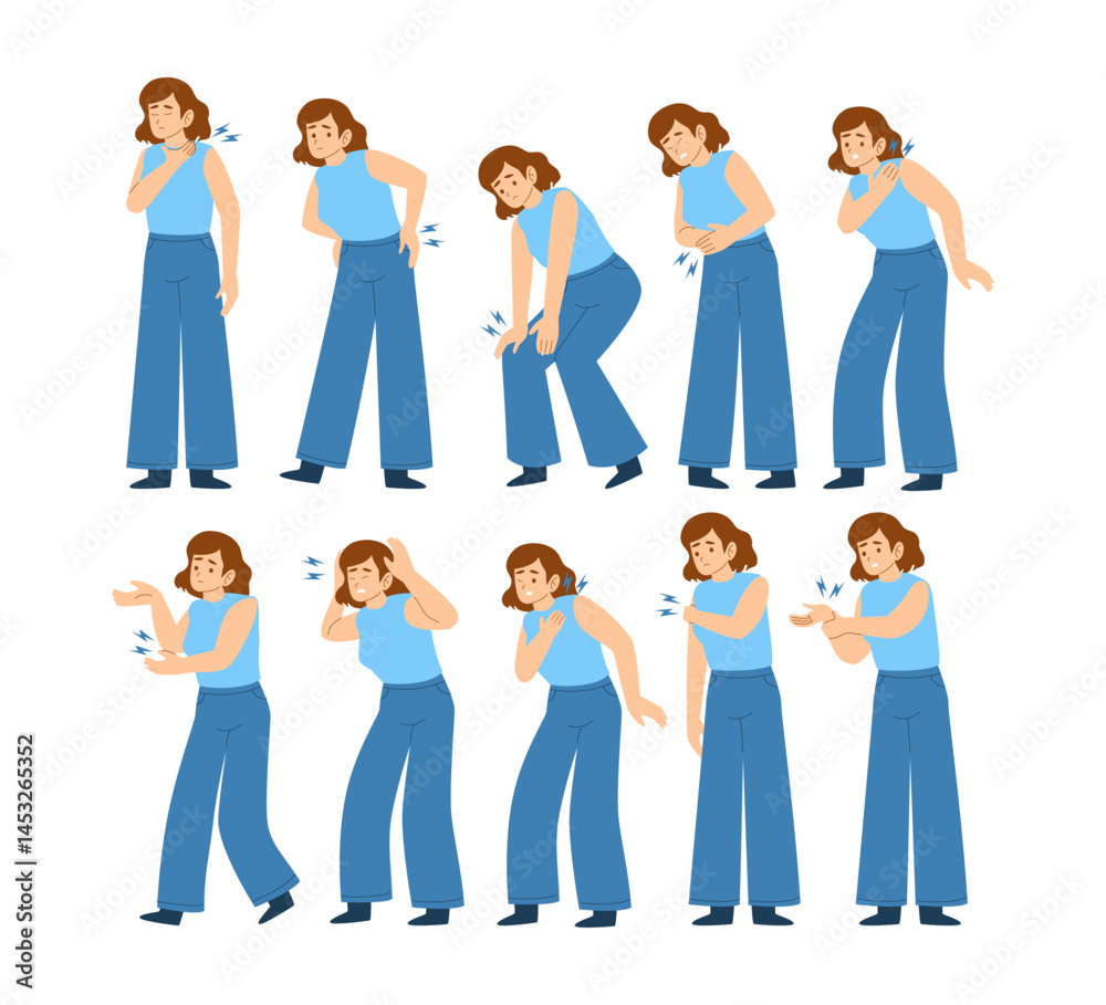Obraz premium Set of young woman symptoms pose gesture with pain set collection. Back, biceps, chest, elbow, headache, knee, neck, shoulder, stomach, wrist. Disease sick or disorder, illness gesture illustration.