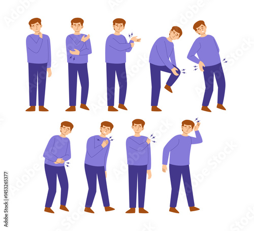 Set of young man symptoms pose gesture with pain set collection with back, chest, elbow, headache, knee, neck, shoulder, stomach, wrist. Disease sick or disorder, illness gesture illustration.