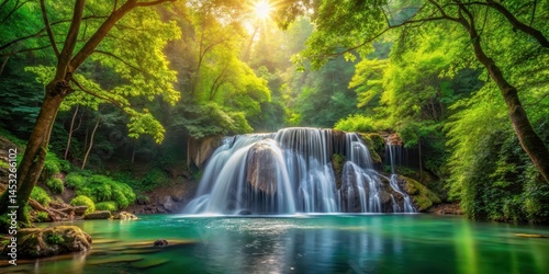 waterfall cascade in dense forest , leaves