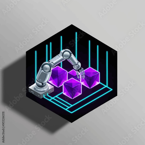 Isometric Robotic Arm Manipulating 3D Purple Cubes
