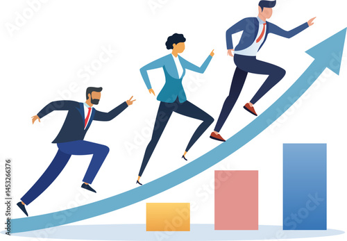Business Success Concept. Vector cartoon illustration of a group of diverse people in business suits running up a rising graph. isolated on a white background.