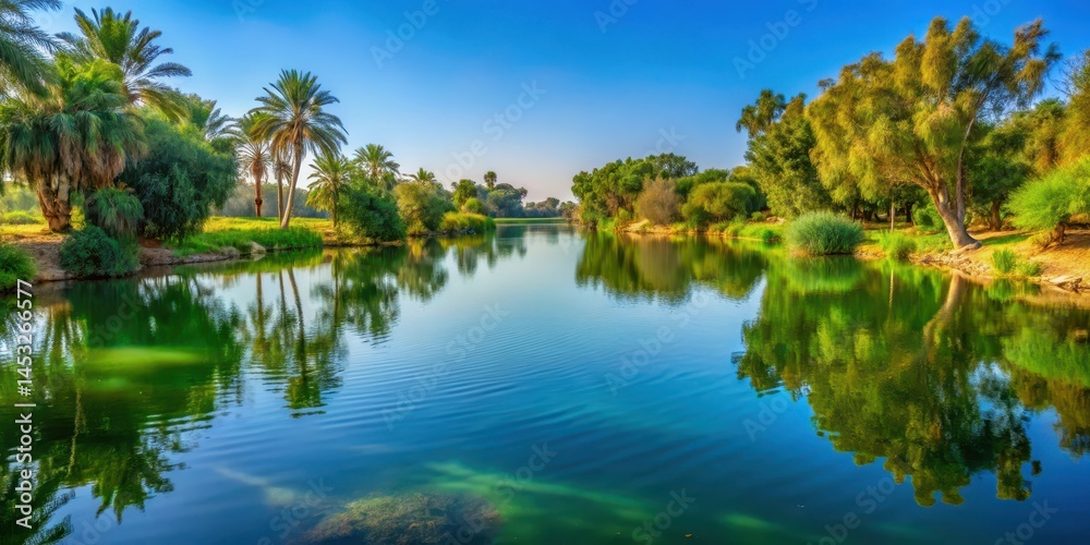 Obraz premium Serene lake scene at Beer Sheva with vibrant water reflections and lush greenery surrounding it, capturing the perfect moment of tranquility, natural beauty, lake