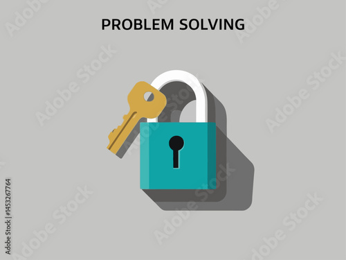 Key unlocking teal padlock, problem solving concept.