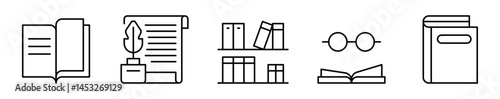 Conjunto de iconos de literatura. Libro, pluma, lectura, estante, lentes de lectura. Ilustración vectorial