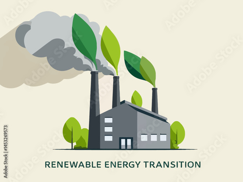 Illustration of a Factory with Green Leaves Symbolizing Renewable Energy