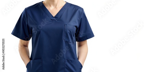 Navy blue nurse scrubs top with short sleeves mockup on background clipart, healthcare worker
