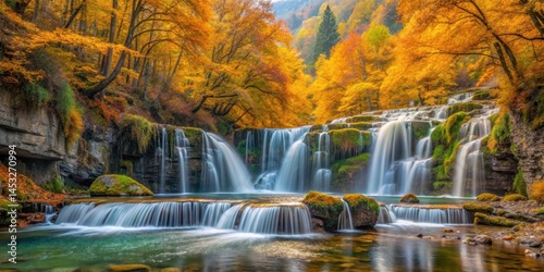 Dense Beech forest canopy with golden autumn leaves reflecting in Ara river waterfalls, Ordesa Valley National Park's scenic beauty, ordesa valley, brown