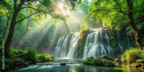 waterfall cascading through lush green forest scenery with sunlight filtering through leaves and misty fog surrounding the natural wonder, scenery, waterfall