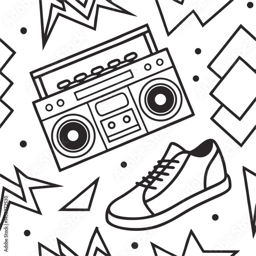 Retro Rhythm: A Black and White Vector Pattern of 80s Boombox and Sneaker Iconography