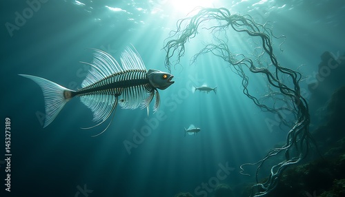 Surreal underwater scene featuring a fish skeleton and mysterious flora bathed in light