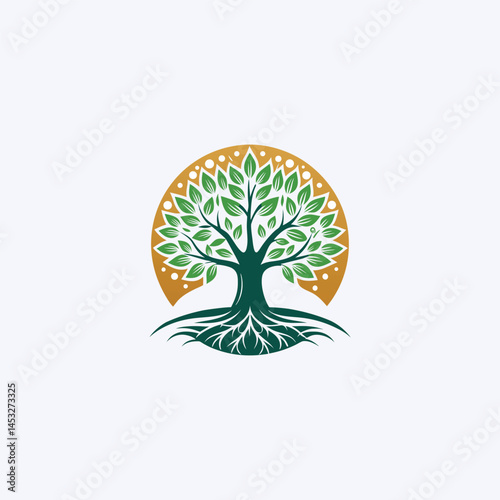 Stylized tree with leaves and roots forming a cohesive circular design