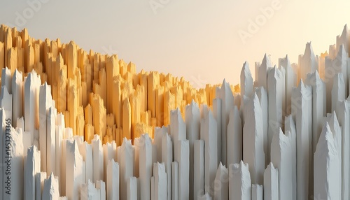 Abstract 3D render of mountain range in gold and white tones with sunrise light