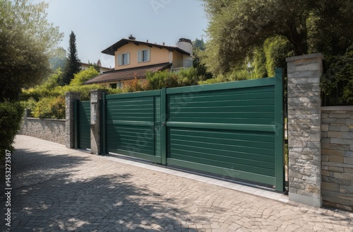 View Entrance Metal Green Gate to a Lush Residence, Estate Security, Access Control, Architectural Design