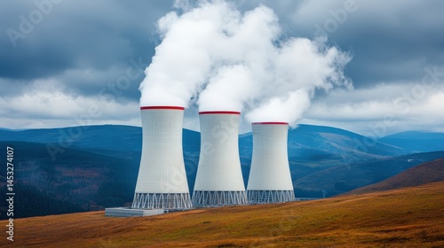 Three large cooling towers emit steam at a nuclear power plant set against a hilly, cloudy landscape.