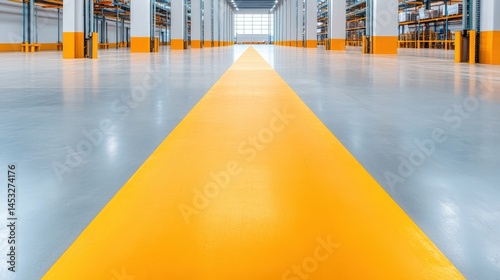 A bright yellow walkway marks the floor of a spacious, clean, modern industrial warehouse with shelving.