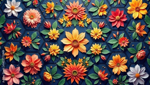 Intricate floral design within a hexagonal grid , texture, wallpaper
