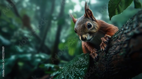 A curious squirrel perched on a tree branch in a lush, green forest environment.