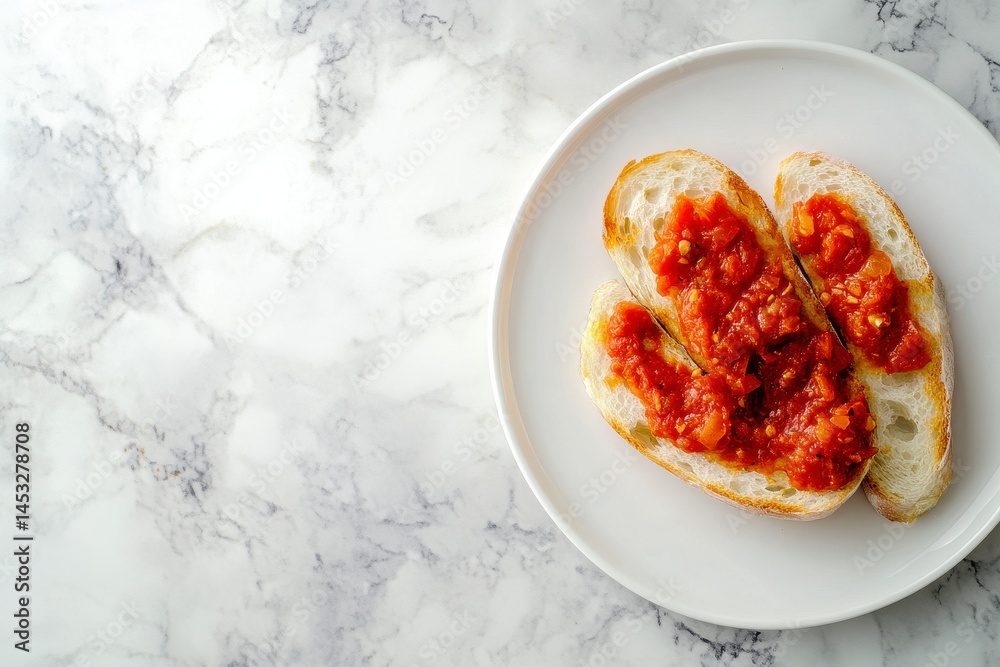 Overhead Shot of Toasted Bread with Red Tomato Relish on White Plate Overhead Shot of Toasted Bread with Red Tomato Relish on White Plate