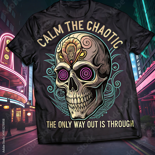 Calm the Chaotic Skull T-Shirt Design Intricate Artwork Featuring a Unique Skull Illustration