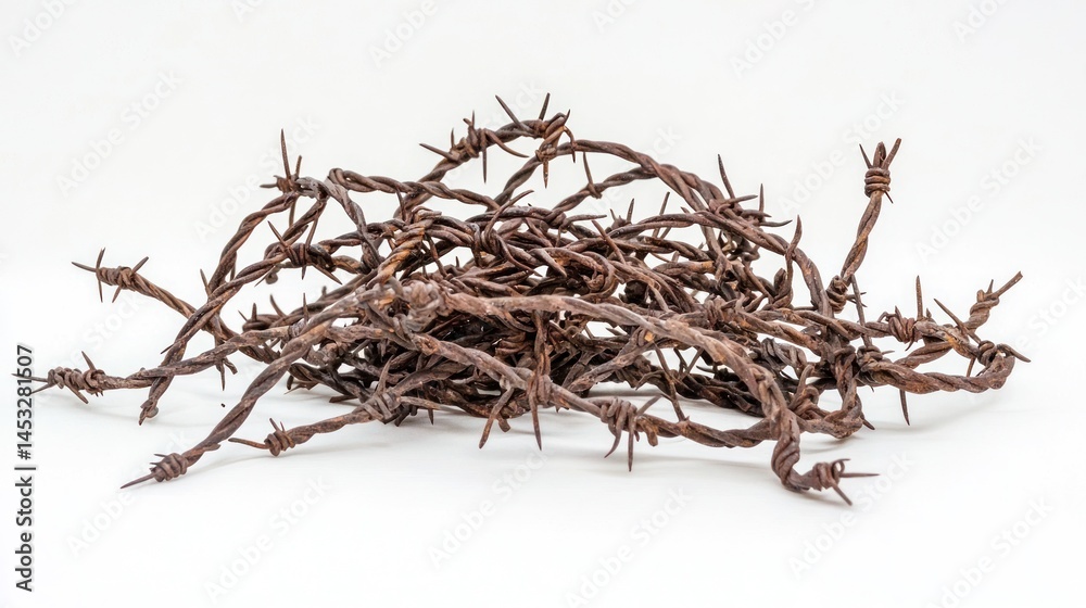 Fototapeta premium Tangle of twisted barbed wires with sharp metal spikes on white background.