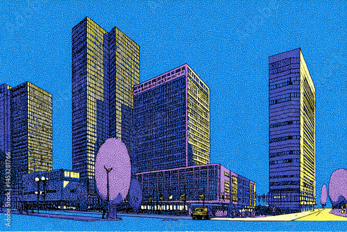 High-rise buildings under deep blue sky with satellite dishes and parking, symbolizing modern urban density, connectivity and futuristic architectural planning.