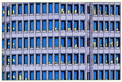 Stylized facade of a modern office building with repetitive windows and geometric symmetry, ideal for architecture, corporate visuals, and urban development illustrations.