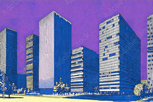 City skyline in vibrant magenta and blue tones with modern towers, perfect for real estate, city branding, urban growth, and corporate editorial visuals.