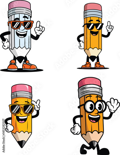 Fun pencil cartoon character vector set for 100th day school projects