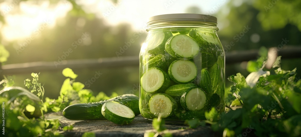 Sunlit Jar of Pickled Cucumbers on Rustic Wooden Surface Sunlit Jar of Pickled Cucumbers on Rustic Wooden Surface