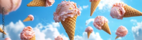 Delicious floating ice cream cones against a bright blue sky with fluffy clouds.