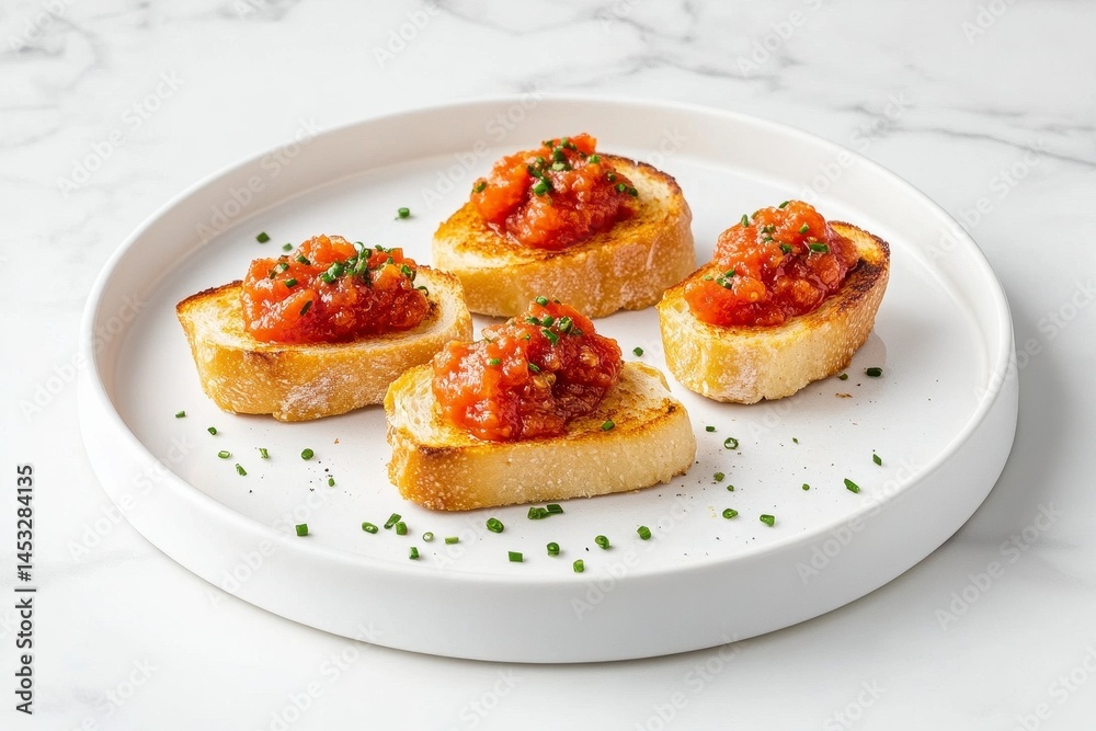 Toasted Bread with Red Tomato Relish and Chives on White Plate Toasted Bread with Red Tomato Relish and Chives on White Plate
