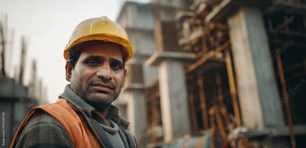 Focus Worker Building Structure Portrait and Man Building High-Rise Structure on Workplace Industry Focus Worker Building Structure Portrait and Man Building High-Rise Structure on Workplace Industry