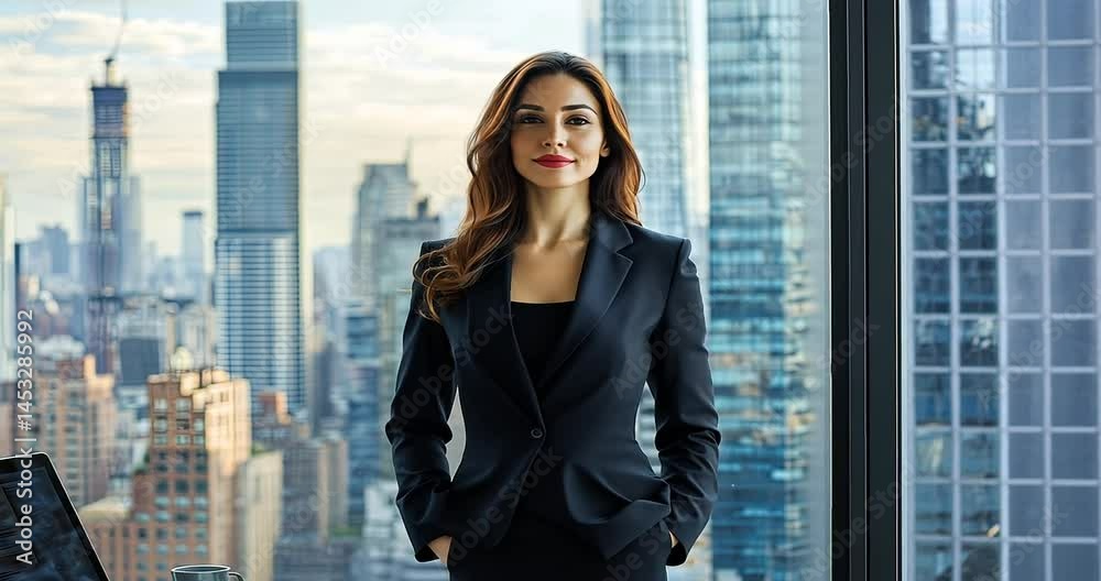 Confident businesswoman in a sleek suit stands in a modern office with a city skyline backdrop Confident businesswoman in a sleek suit stands in a modern office with a city skyline backdrop