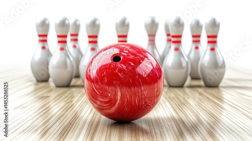 triking down pins with a bowling ball on white background.