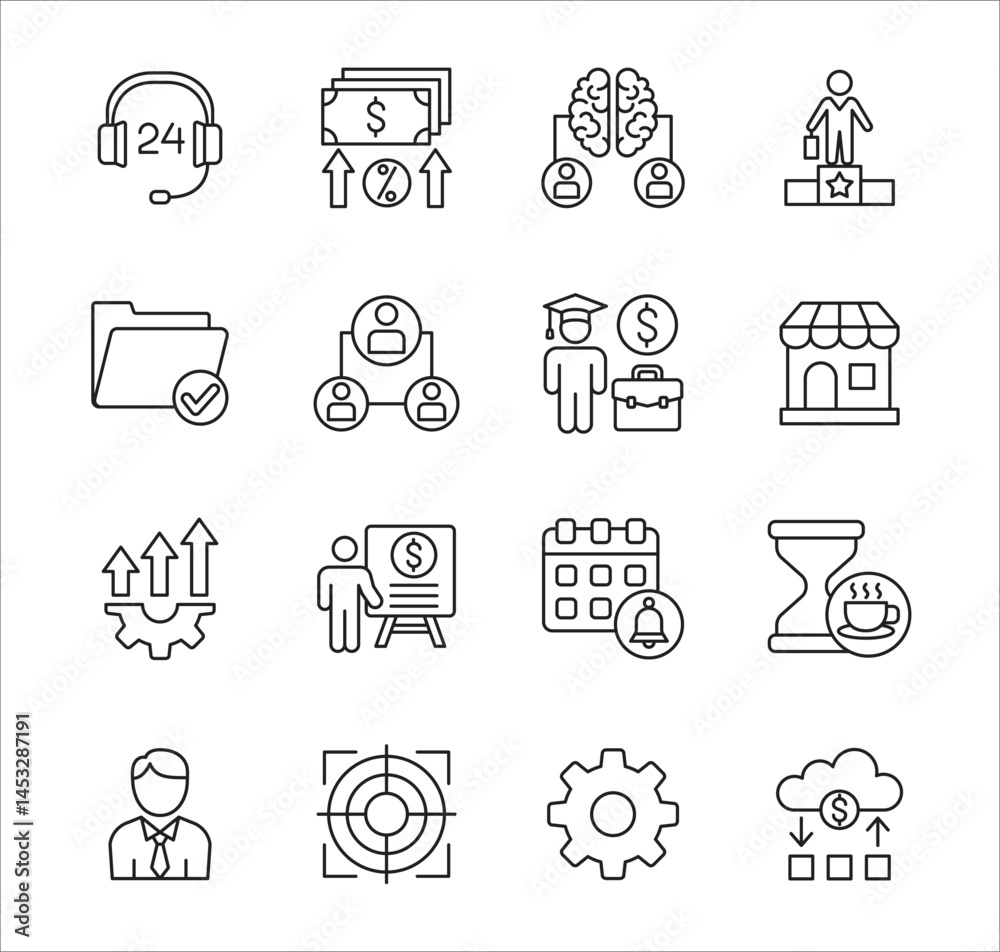 Fototapeta premium Business management icon set. Contains icon of businessman, target, accounting, finance, profit, success, data, customer service, work, store, shop, meeting, education, idea. Vector illustration