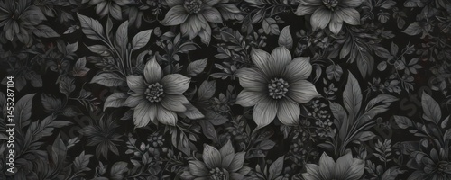 Intricate charcoal floral pattern, abstract botanical design, modern, background