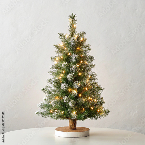 Tabletop mini tree with fairy lights on white background