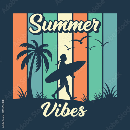 Summer Vibes Retro t shirt design Surfing Silhouette on a Coastal Beach Scene