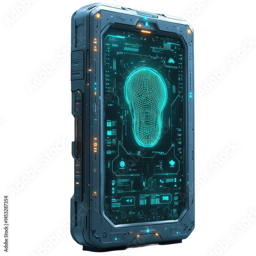 Futuristic device interface with human head scan technology display art on transparent background