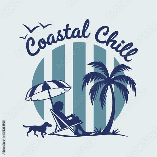 Summer T shirt Design Coastal Chill Beach Scene with Palm Tree and Relaxing Person