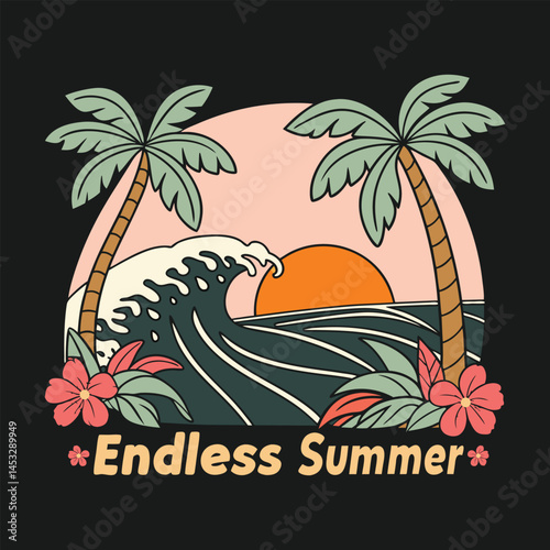Summer T-shirt Design Endless Summer Beach Scene with Palm Trees and Waves