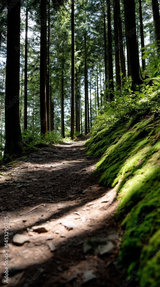 Fototapeta premium Sunlit forest path through lush greenery. Sunlight filters through tall trees, illuminating a trail. Moss-covered slopes flank the path