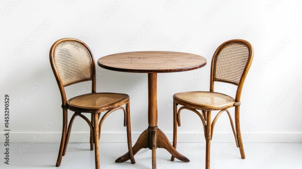 Fototapeta premium Vintage wooden table with two cane chairs on white background.