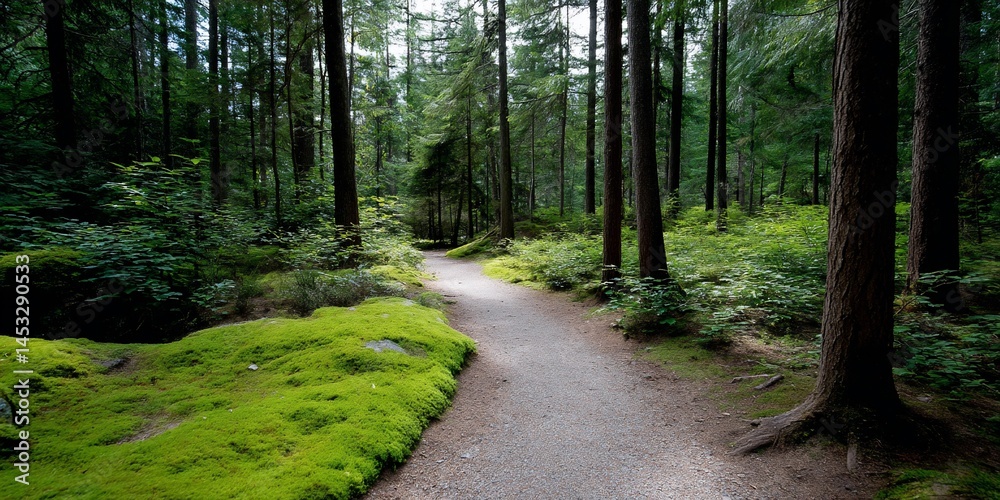 Fototapeta premium Lush mossy path through a dense forest