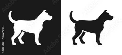 Simple black and white dog silhouette in profile standing calmly on a contrasting background.