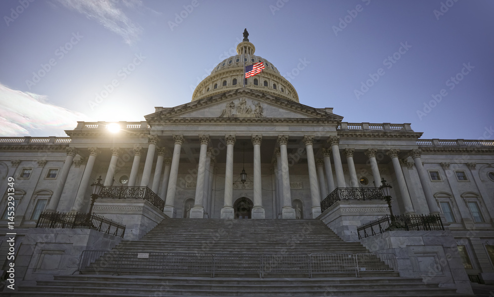 Fototapeta premium Capitol dome in Washington, DC. The state capitol buildings in Washington, DC. The Congress in Washington, DC. American flag waving. The Capitol Hill in Washington, DC.