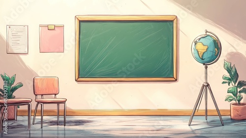 Empty classroom, sunlight, chalkboard, globe. Suitable for educational resources or presentations photo