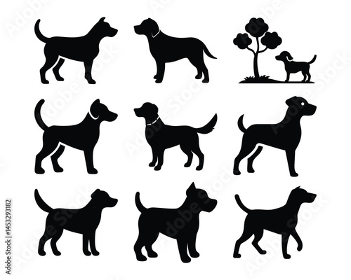 Collection of silhouette dog illustrations depicting various breeds and poses in black and white